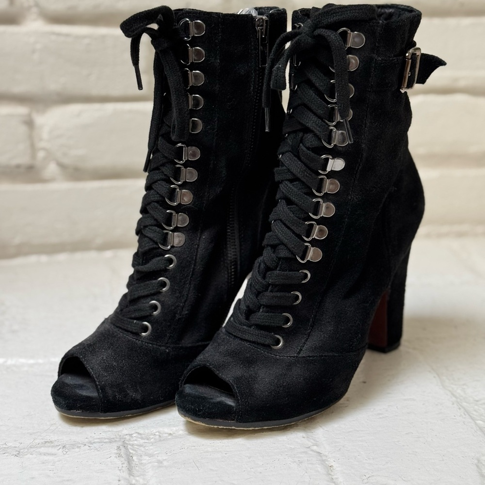 Sam Edelman BELMONT Black Suede Lace Up Peep Toe Booties